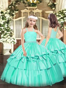 Turquoise Little Girls Pageant Gowns Party and Quinceanera with Beading and Lace Straps Sleeveless Zipper