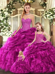 Fuchsia Sweetheart Neckline Beading and Ruffles Quinceanera Dresses Sleeveless Lace Up