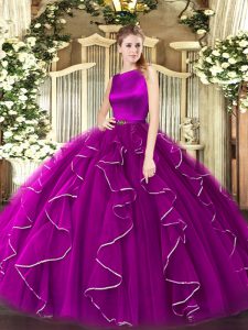 Sweet Fuchsia Clasp Handle Sweet 16 Dress Ruffles Sleeveless Floor Length