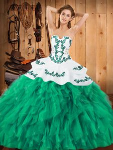 Turquoise Sleeveless Satin and Organza Lace Up Quinceanera Gown for Military Ball and Sweet 16 and Quinceanera