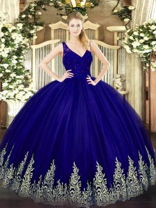 Fitting Sleeveless Floor Length Beading and Lace and Appliques Backless Vestidos de Quinceanera with Purple