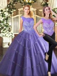 Custom Fit Lavender Two Pieces Scoop Sleeveless Tulle Floor Length Zipper Beading Quinceanera Dresses