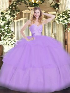 Floor Length Lace Up Quinceanera Dresses Lavender for Military Ball and Sweet 16 and Quinceanera with Beading and Ruffled Layers