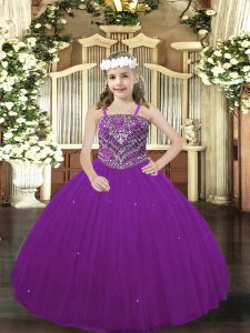 Latest Purple Straps Lace Up Beading Girls Pageant Dresses Sleeveless