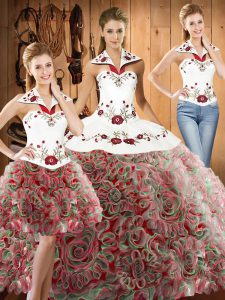Chic Multi-color Three Pieces Fabric With Rolling Flowers Halter Top Sleeveless Embroidery Lace Up Sweet 16 Quinceanera Dress Sweep Train