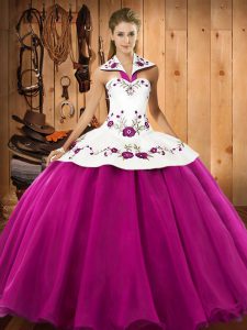 Top Selling Fuchsia Lace Up Halter Top Embroidery Quinceanera Dresses Satin and Tulle Sleeveless