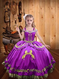 Lilac Ball Gowns Satin Off The Shoulder Sleeveless Beading and Embroidery Floor Length Lace Up Pageant Dress for Teens
