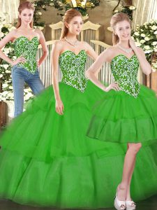 Floor Length Green Quinceanera Gown Tulle Sleeveless Beading and Ruffled Layers