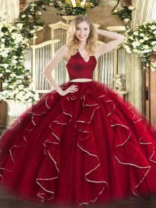 Wine Red Two Pieces Halter Top Sleeveless Organza Floor Length Zipper Ruffles Quince Ball Gowns