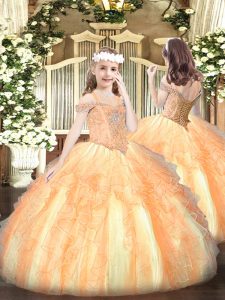 Off The Shoulder Sleeveless Lace Up Girls Pageant Dresses Orange Organza