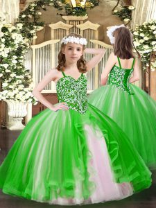 Sleeveless Tulle Floor Length Lace Up Pageant Gowns For Girls in Green with Beading