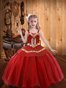 Organza Straps Sleeveless Lace Up Embroidery and Ruffles Little Girls Pageant Gowns in Red