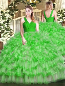 Green Zipper V-neck Ruffled Layers Sweet 16 Dress Organza Sleeveless