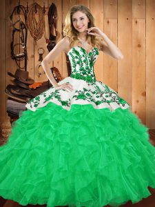 Sweetheart Sleeveless Satin and Organza Quince Ball Gowns Embroidery and Ruffles Lace Up