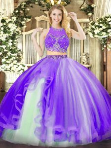 Lavender Quinceanera Dress Military Ball and Sweet 16 and Quinceanera with Beading and Ruffles Scoop Sleeveless Zipper
