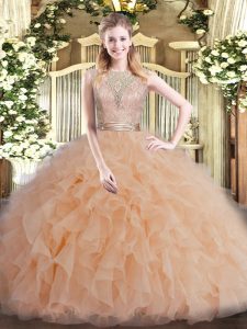 Peach Ball Gowns Tulle Scoop Sleeveless Beading and Ruffles Floor Length Backless 15th Birthday Dress