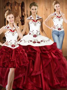 Wine Red Ball Gowns Halter Top Sleeveless Organza Floor Length Lace Up Embroidery and Ruffles Sweet 16 Quinceanera Dress