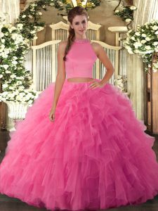 Hot Pink Backless Sweet 16 Quinceanera Dress Beading and Ruffles Sleeveless Floor Length