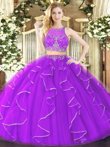 Glittering Purple Scoop Zipper Ruffles Sweet 16 Dress Sleeveless