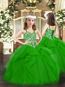 Green Lace Up Straps Beading and Ruffles Little Girls Pageant Dress Wholesale Tulle Sleeveless