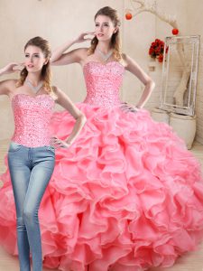 Watermelon Red Sleeveless Organza Lace Up Quinceanera Dress for Sweet 16 and Quinceanera