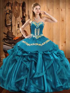 Popular Sleeveless Floor Length Embroidery and Ruffles Lace Up 15 Quinceanera Dress with Teal