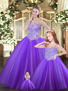Fantastic Sleeveless Floor Length Beading Lace Up Sweet 16 Dress with Purple