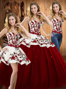 Wine Red Lace Up Quinceanera Dress Embroidery Sleeveless Floor Length
