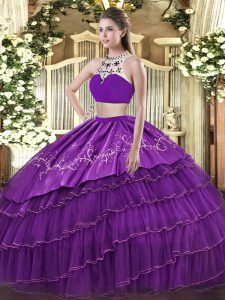 Elegant Purple High-neck Backless Beading and Embroidery and Ruffled Layers Sweet 16 Dresses Sleeveless