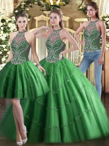 Stylish Sleeveless Floor Length Beading Lace Up Sweet 16 Quinceanera Dress with Green