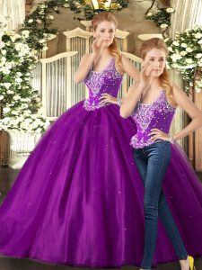 Affordable Purple Tulle Lace Up 15 Quinceanera Dress Sleeveless Floor Length Beading