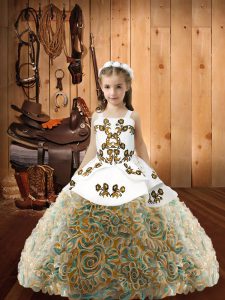 Multi-color Lace Up Straps Embroidery Little Girls Pageant Gowns Fabric With Rolling Flowers Sleeveless