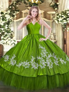 Floor Length Zipper Vestidos de Quinceanera Olive Green for Military Ball and Sweet 16 and Quinceanera with Embroidery