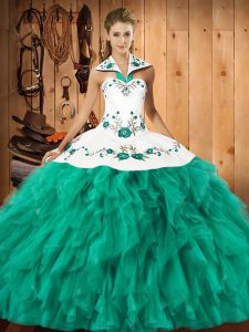 Luxurious Turquoise Lace Up Halter Top Embroidery and Ruffles 15th Birthday Dress Satin and Organza Sleeveless