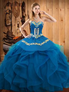 Sweetheart Sleeveless Sweet 16 Quinceanera Dress Floor Length Embroidery and Ruffles Blue Organza