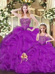 Beautiful Organza Sweetheart Sleeveless Lace Up Beading and Ruffles 15 Quinceanera Dress in Purple