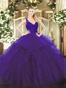 Purple Ball Gown Prom Dress Military Ball and Sweet 16 and Quinceanera with Beading and Lace and Ruffles V-neck Sleeveless Backless