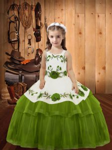 Olive Green Straps Lace Up Embroidery and Ruffled Layers Pageant Dresses Sleeveless