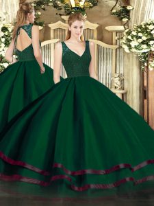 Dark Green Organza Backless Sweet 16 Dresses Sleeveless Floor Length Beading and Lace and Ruffled Layers