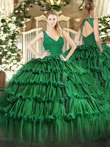 Superior Beading and Lace and Ruffled Layers Quinceanera Gowns Dark Green Backless Sleeveless Floor Length