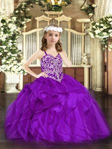 Floor Length Lace Up Kids Formal Wear Purple for Party and Quinceanera with Beading and Ruffles