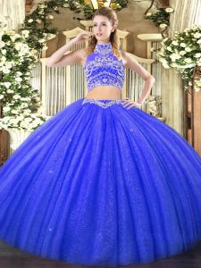 Discount Blue Two Pieces Beading 15th Birthday Dress Backless Tulle Sleeveless Floor Length