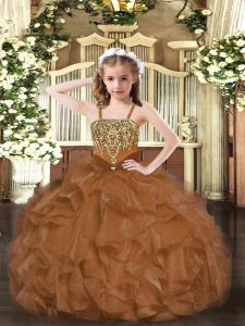 Brown Organza Lace Up Straps Sleeveless Floor Length Little Girls Pageant Dress Beading and Ruffles