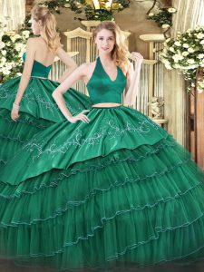 Exceptional Halter Top Sleeveless Quinceanera Gowns Floor Length Embroidery and Ruffled Layers Dark Green Organza and Taffeta