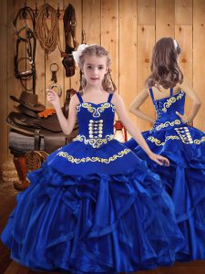 Royal Blue Lace Up Pageant Gowns For Girls Embroidery and Ruffles Sleeveless Floor Length