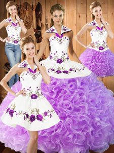 Sophisticated Halter Top Sleeveless Lace Up 15th Birthday Dress Lilac Fabric With Rolling Flowers