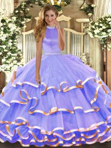 Low Price Lavender Ball Gowns Halter Top Sleeveless Organza Floor Length Backless Beading and Ruffled Layers Sweet 16 Dresses