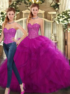 Gorgeous Sleeveless Floor Length Beading and Ruffles Lace Up Quinceanera Gown with Fuchsia