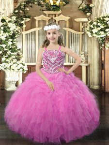Rose Pink Straps Lace Up Beading and Ruffles Little Girls Pageant Dress Wholesale Sleeveless
