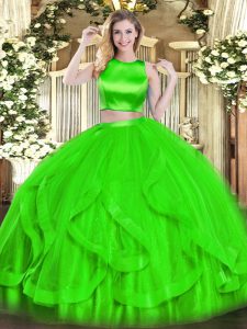 Pretty High-neck Sleeveless Quinceanera Gowns Floor Length Ruffles Green Tulle